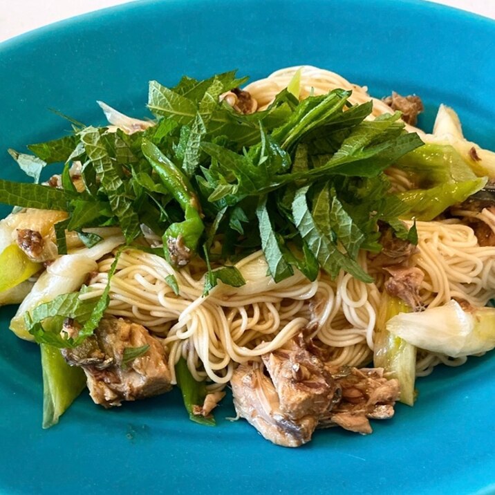 サバ缶と薬味の和え麺